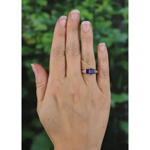 10k Yellow Gold Lab Created Blue Sapphire and Diamond Ring Size 6 3/4 - Picture 2 of 7